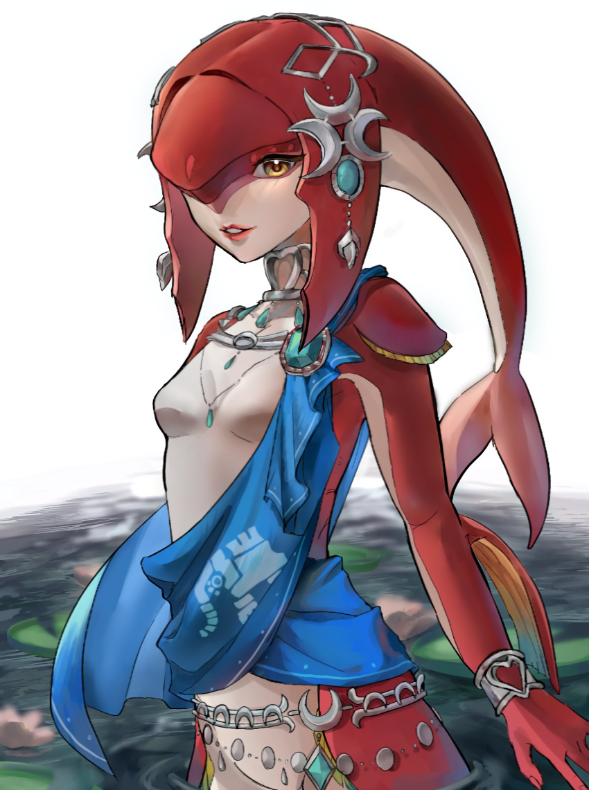 1girl breasts colored_skin cowboy_shot fish_girl hair_ornament heart highres jewelry long_hair mia_ru1228 mipha monster_girl necklace orange_eyes red_skin redhead small_breasts smile solo teeth the_legend_of_zelda the_legend_of_zelda:_breath_of_the_wild wading water white_background zora