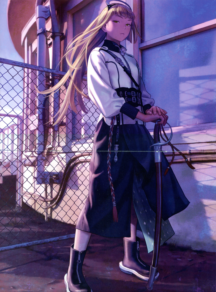 1girl absurdres black_footwear blonde_hair boots building chain-link_fence closed_mouth crease fence full_body hat highres jacket long_hair long_skirt long_sleeves looking_at_viewer murata_range non-web_source original outdoors scan sheath sheathed skirt solo standing sword weapon white_jacket yellow_eyes