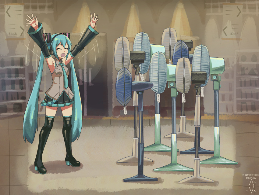 1girl :d ^_^ aqua_hair aqua_necktie armpits arms_up artist_name black_skirt black_thighhighs boots breasts closed_eyes collared_shirt commentary dated detached_sleeves digiral electric_fan english_commentary english_text full_body grey_shirt hatsune_miku high_heels highres indoors long_hair necktie open_mouth pleated_skirt pun shadow shirt shop skirt sleeveless sleeveless_shirt small_breasts smile solo standing thigh-highs thigh_boots twintails very_long_hair vocaloid zettai_ryouiki