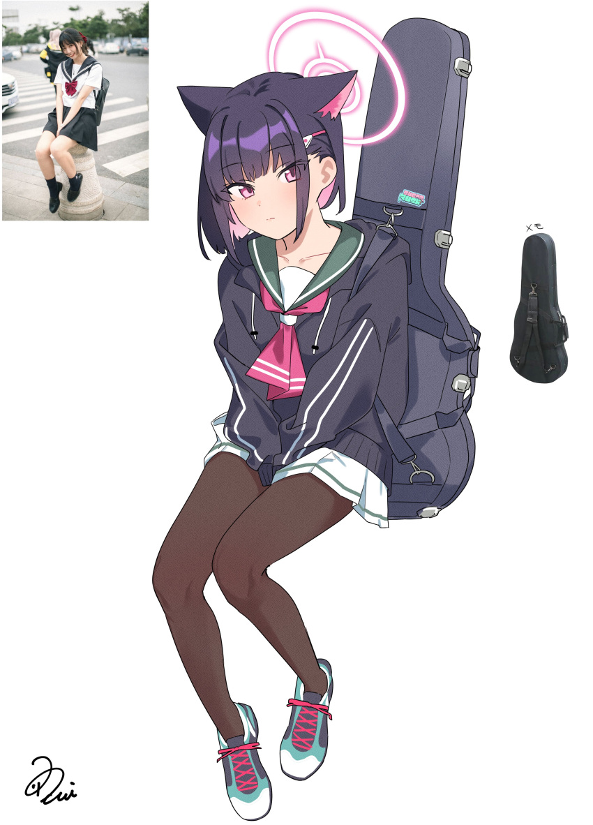 1girl 51likes absurdres animal_ears black_hair black_jacket black_pantyhose blue_archive blush cat_ears cat_girl closed_mouth colored_inner_animal_ears colored_inner_hair commentary_request cross-laced_footwear green_sailor_collar guitar_case hair_ornament hairclip halo highres hood hood_down hooded_jacket instrument_case invisible_chair jacket kazusa_(blue_archive) long_sleeves looking_at_viewer miniskirt multicolored_footwear multicolored_hair neckerchief pantyhose photo-referenced pink_eyes pink_hair pink_halo pink_neckerchief pleated_skirt puffy_long_sleeves puffy_sleeves sailor_collar short_hair signature simple_background sitting skirt solo white_background white_skirt