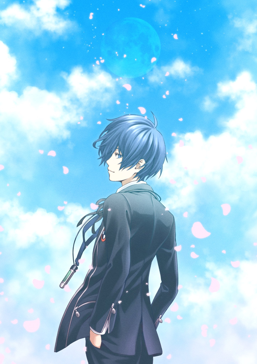 1boy black_jacket black_pants black_ribbon blue_eyes blue_hair blue_sky closed_mouth clouds cloudy_sky commentary_request cowboy_shot digital_media_player falling_petals from_behind full_moon gekkoukan_high_school_uniform hands_in_pockets highres jacket long_sleeves looking_at_viewer male_focus masatoshi_1219 moon neck_ribbon outdoors pants persona persona_3 persona_3_reload petals profile ribbon school_uniform short_hair sky solo yuuki_makoto_(persona_3)