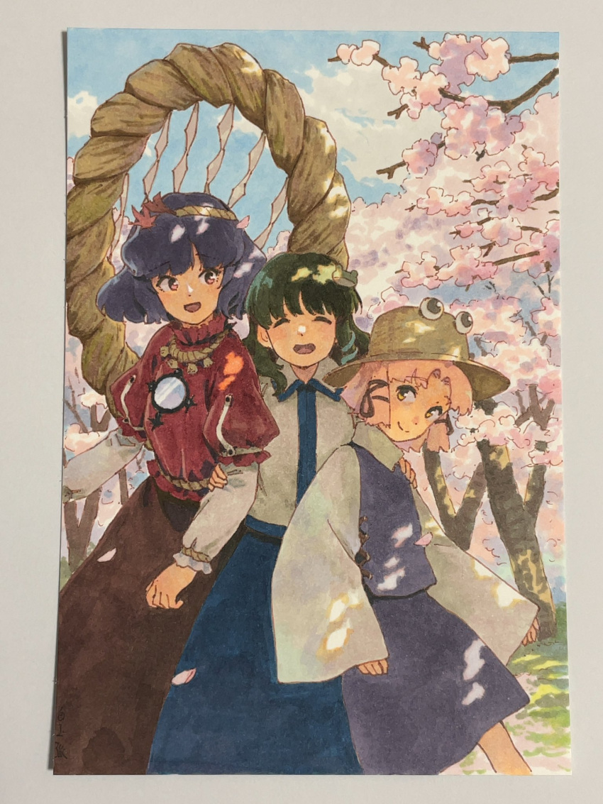 3girls :d arm_grab black_skirt blonde_hair blue_skirt blue_sky cherry_blossoms closed_eyes closed_mouth clouds collared_shirt commentary_request cowboy_shot falling_petals frog_hair_ornament grass green_hair hair_ornament hair_ribbon hand_on_another's_shoulder highres kochiya_sanae layered_sleeves leaf leaf_hair_ornament long_skirt long_sleeves looking_at_another maple_leaf marker_(medium) medium_hair medium_skirt mirror moriya_suwako multiple_girls open_mouth outdoors petals photo_(medium) purple_hair purple_vest red_eyes red_shirt ribbon rope shide shimenawa shiratama_(hockey) shirt short_hair short_over_long_sleeves short_sleeves signature skirt sky smile snake_hair_ornament standing touhou traditional_media turtleneck vest white_shirt wide_sleeves yasaka_kanako yellow_eyes yellow_headwear
