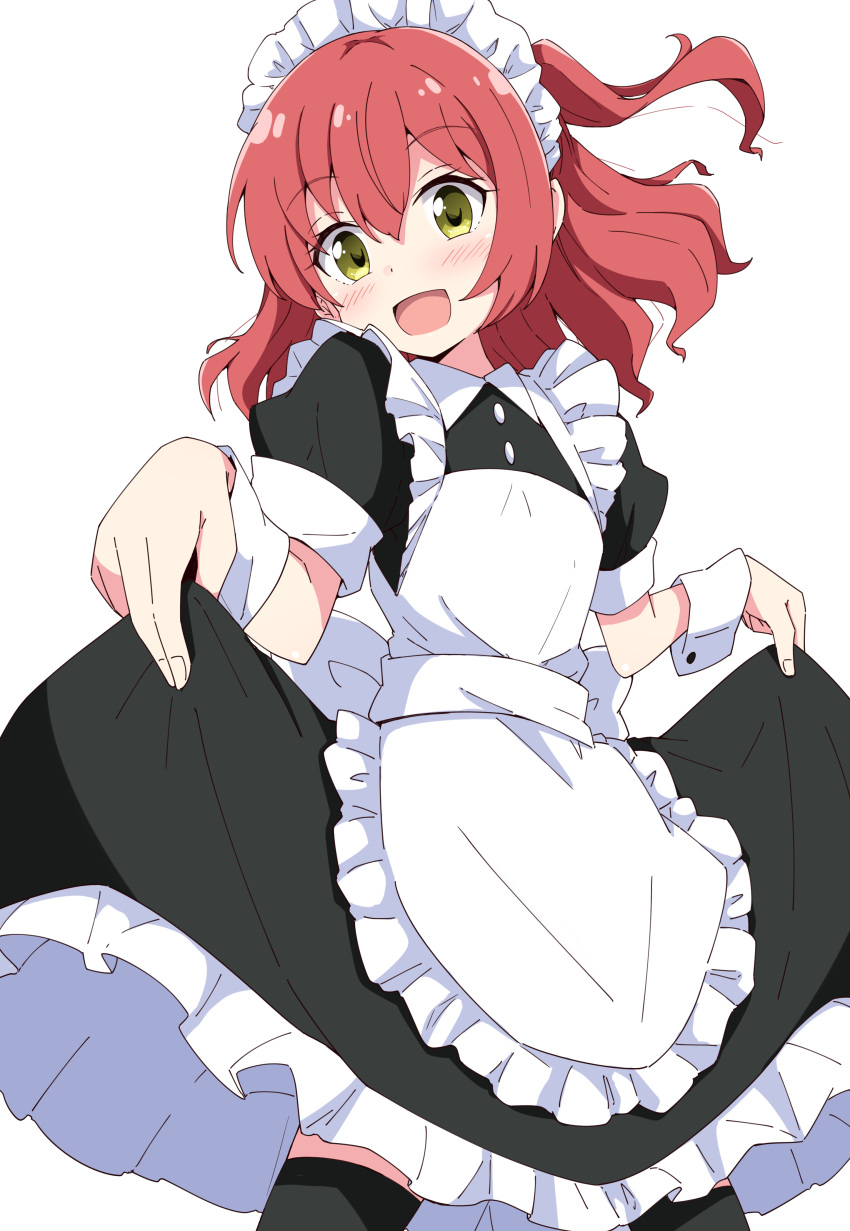 1girl :d absurdres aikawa_ryou apron black_dress black_thighhighs blush bocchi_the_rock! collared_dress commentary_request dress frilled_apron frilled_dress frills hair_between_eyes highres kita_ikuyo looking_at_viewer maid maid_apron maid_headdress one_side_up puffy_short_sleeves puffy_sleeves redhead short_sleeves simple_background skirt_hold smile solo thigh-highs white_apron white_background wrist_cuffs yellow_eyes