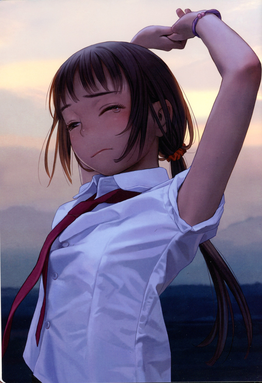 1girl absurdres arm_up armpit_peek armpits blush bracelet brown_hair closed_mouth collared_shirt hair_ornament highres jewelry long_hair looking_at_viewer murata_range necktie non-web_source one_eye_closed original outdoors ponytail red_necktie scan school_uniform scrunchie shirt short_sleeves sky solo stretching tears upper_body white_shirt