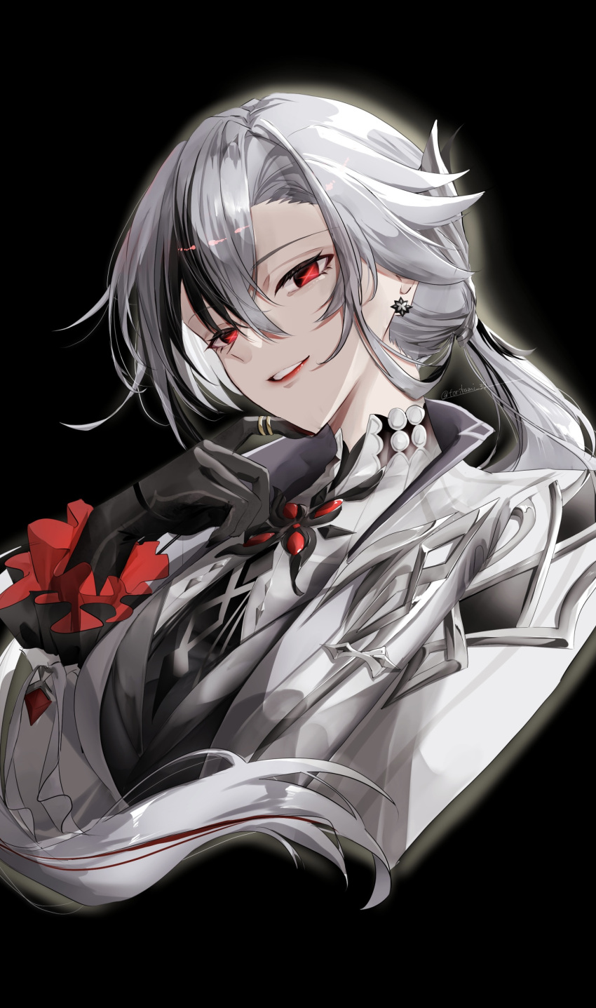 1girl :d absurdres arlecchino_(genshin_impact) black_background black_hair coat commentary_request genshin_impact grey_coat grey_hair highres long_hair long_sleeves multicolored_hair open_mouth simple_background smile solo streaked_hair torikami upper_body