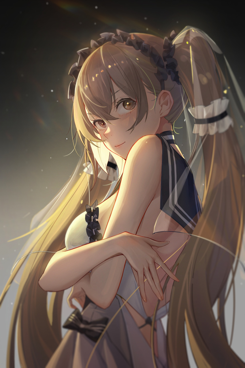1girl absurdres azur_lane baizhi black_choker blue_sailor_collar breasts choker crossed_arms dress feather_dress formidable_(azur_lane) formidable_(timeless_classics)_(azur_lane) from_side grey_hair highres large_breasts light_smile long_hair looking_at_viewer neckerchief official_alternate_costume sailor_collar sleeveless sleeveless_dress twintails two-tone_ribbon upper_body very_long_hair white_dress