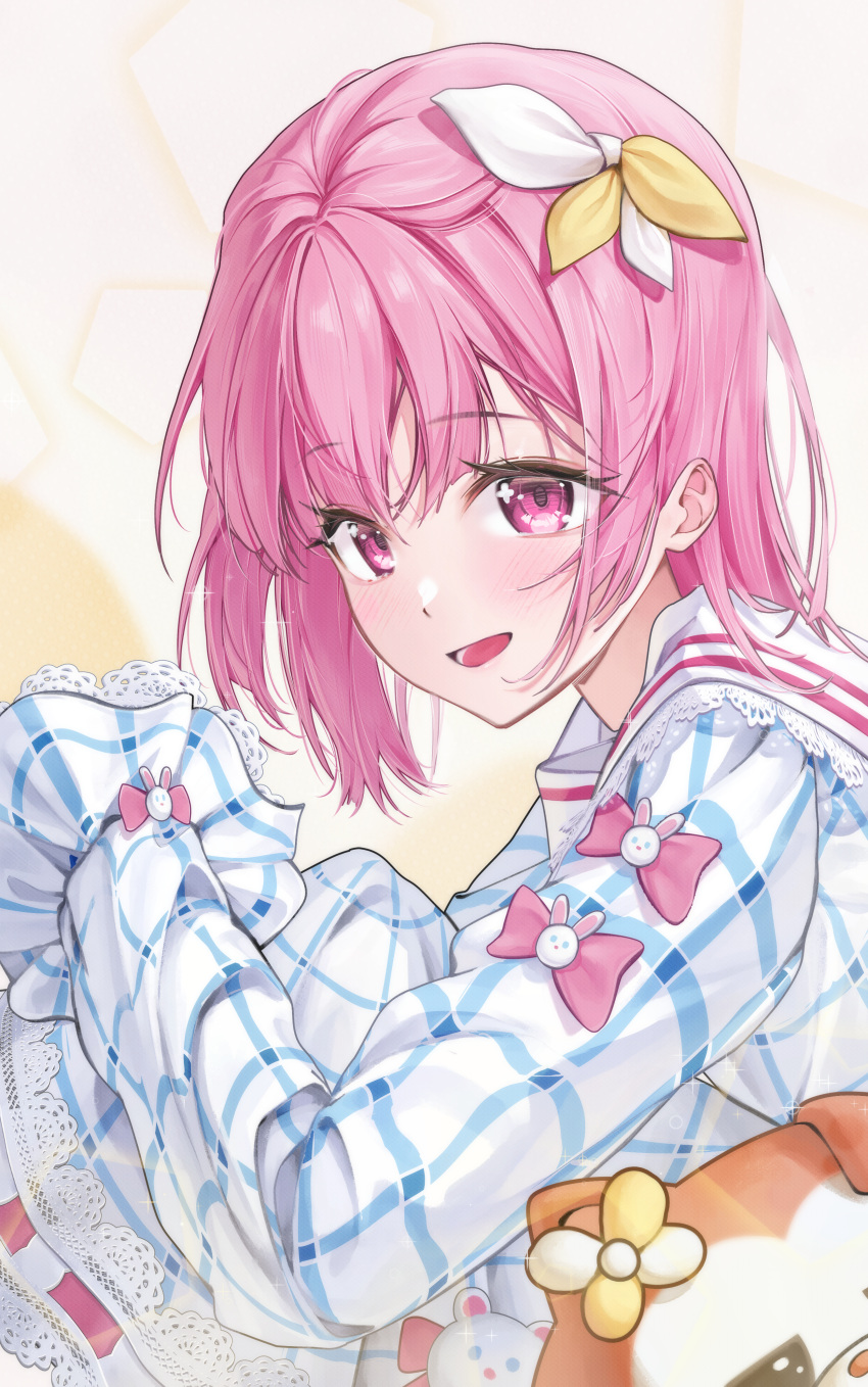 absurdres blush bow gingham gingham_dress hair_bow highres knees_up lazy_cat long_hair long_sleeves looking_at_viewer ootori_emu open_mouth pink_eyes pink_hair project_sekai sailor_collar sitting sleeve_bow smile stuffed_toy