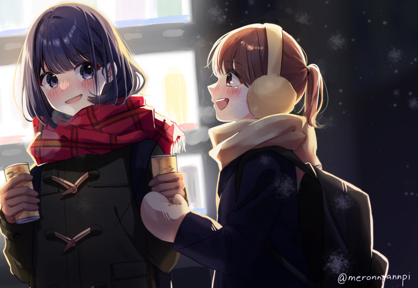 2girls backpack bag black_hair blush breath brown_hair can canned_coffee coat drink_can duffel_coat earmuffs gloves highres holding holding_can long_sleeves looking_at_another meronnpannpi mittens multiple_girls open_mouth original outdoors plaid plaid_scarf ponytail profile scarf smile vending_machine violet_eyes