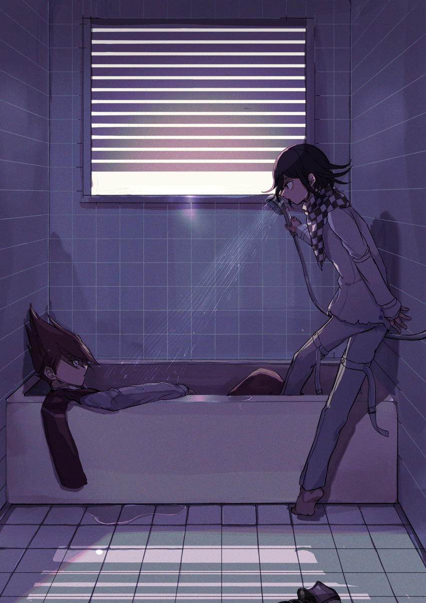 2boys barefoot bath bathroom black_hair checkered_clothes checkered_scarf commentary_request danganronpa_(series) danganronpa_v3:_killing_harmony facial_hair flipped_hair from_side goatee hair_between_eyes highres holding holding_shower_head indoors jacket long_sleeves looking_at_another male_focus mochinomukou momota_kaito multiple_boys oma_kokichi partially_submerged profile puddle purple_theme scarf shadow short_hair shower_head spiky_hair standing straitjacket tile_floor tile_wall tiles violet_eyes window window_blinds