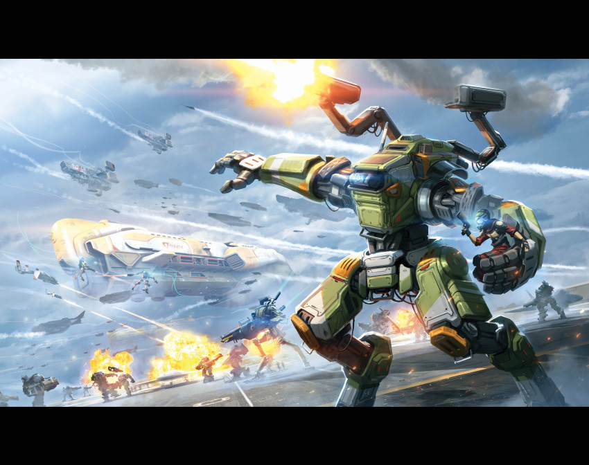 1boy absurdres aircraft airplane assault_visor battle blue_eyes bt-7274 colinsearle english_commentary explosion fighter_jet firing glowing glowing_eye goblin_(titanfall) gun handgun helmet highres holding holding_gun holding_weapon ion_(titanfall_2) jack_cooper jet legion_(titanfall_2) letterboxed mecha military_vehicle missile_pod northstar_(titanfall) one-eyed open_hand pants re-45_auto red_pants red_shirt robot ronin_(titanfall_2) scorch_(titanfall_2) shirt smoke spacecraft titan_(titanfall) titanfall_(series) titanfall_2 tone_(titanfall_2) weapon