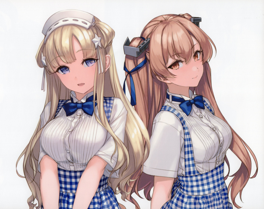 2girls absurdres alternate_costume apron blonde_hair blue_apron blue_bow blue_bowtie blue_eyes bow bowtie breasts brown_eyes brown_hair closed_mouth double_bun employee_uniform fletcher_(kancolle) gingham hair_between_eyes hair_bun hair_ornament hair_ribbon hairband hat high-waist_skirt highres johnston_(kancolle) kantai_collection large_breasts light_brown_hair long_hair looking_at_viewer medium_breasts multiple_girls non-web_source open_mouth plaid ribbon rokuwata_tomoe scan shirt short_sleeves simple_background skirt smile star_(symbol) star_hair_ornament twintails two_side_up uniform upper_body violet_eyes waitress white_background white_shirt