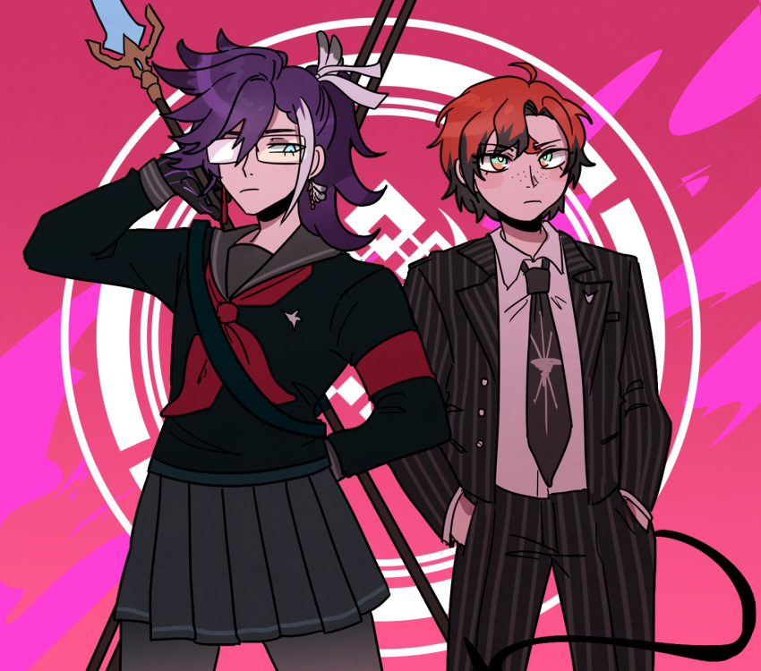 2boys banzoin_hakka black_hair black_pantyhose blue_eyes collared_shirt cosplay crossdressing crossover danganronpa_(series) danganronpa_2:_goodbye_despair english_commentary freckles glasses hands_in_pockets highres holding holding_polearm holding_weapon holostars holostars_english jacket kuzuryu_fuyuhiko kuzuryu_fuyuhiko_(cosplay) long_hair long_sleeves looking_at_another looking_at_viewer machina_x_flayon mechanical_tail ministarfruit multicolored_hair multiple_boys necktie pantyhose pekoyama_peko pekoyama_peko_(cosplay) pink_background pinstripe_pattern pinstripe_suit polearm purple_hair redhead ribbon school_uniform serafuku shirt short_hair skirt suit tail two-tone_hair upper_body virtual_youtuber weapon
