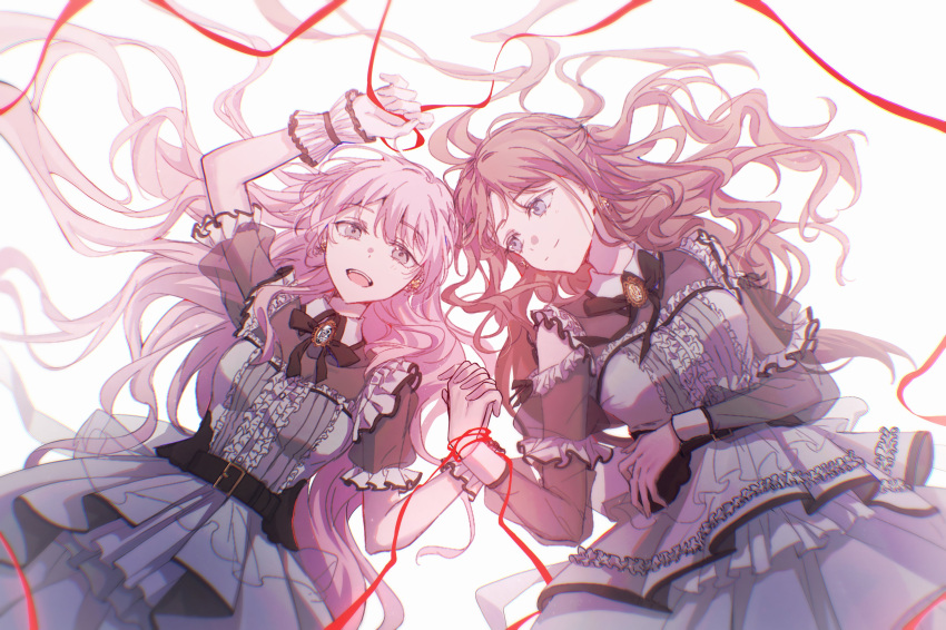 2girls absurdres bang_dream! bang_dream!_it's_mygo!!!!! belt belt_buckle black_belt black_ribbon blue_eyes breasts brooch brown_hair buckle chihaya_anon closed_mouth clothing_cutout commentary dress earrings frilled_dress frills grey_eyes hair_spread_out hashtag_only_commentary highres holding_hands jewelry long_hair looking_at_another lying medium_breasts multiple_girls muonrei00 nagasaki_soyo neck_ribbon open_mouth pink_hair puffy_short_sleeves puffy_sleeves ribbon short_sleeves shoulder_cutout sidelocks string string_of_fate teeth upper_teeth_only white_dress yellow_brooch yuri