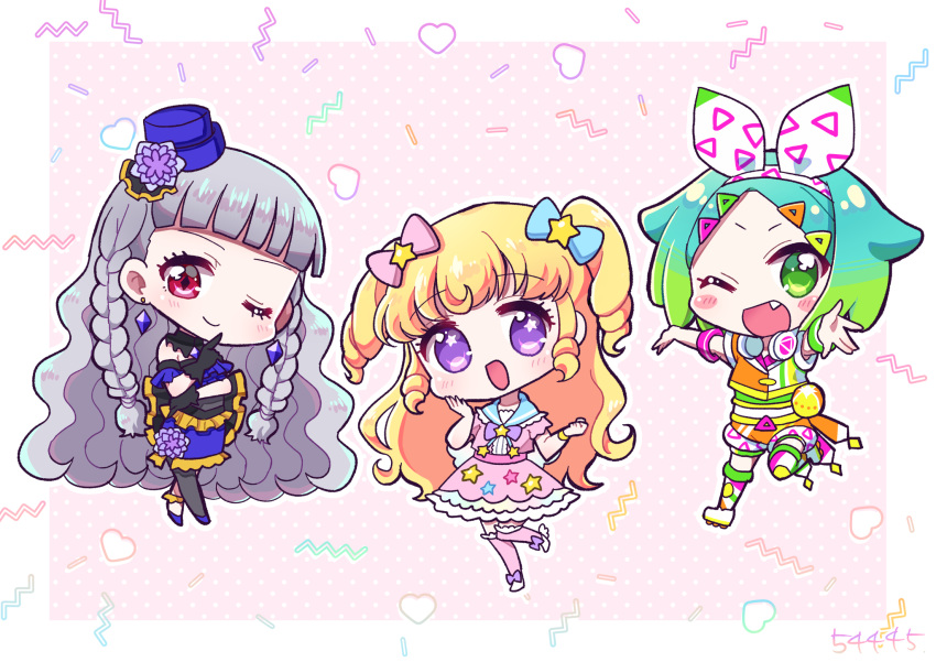 3girls :d ;d blonde_hair blue_bow blue_hair blunt_bangs blush bow braid chibi closed_mouth commentary_request diamond_earrings dress earrings fang flower gradient_hair green_eyes green_hair grey_hair hair_bow hand_on_own_cheek hand_on_own_face hand_up hands_up hat highres idol_clothes idol_time_pripara index_finger_raised jewelry koda_michiru koyoshi_yoko long_hair looking_at_viewer miichiru_(pripara) mini_hat multicolored_hair multiple_girls nijiiro_nino one_eye_closed open_mouth orange_shirt orange_shorts outstretched_arms pink_background pink_bow pink_dress pretty_series pripara purple_dress purple_flower red_eyes ringlets shirt short_hair shorts smile spread_arms standing star_(symbol) star_print swept_bangs triangle_hair_ornament twin_braids two_side_up very_long_hair violet_eyes wavy_hair yumekawa_yui