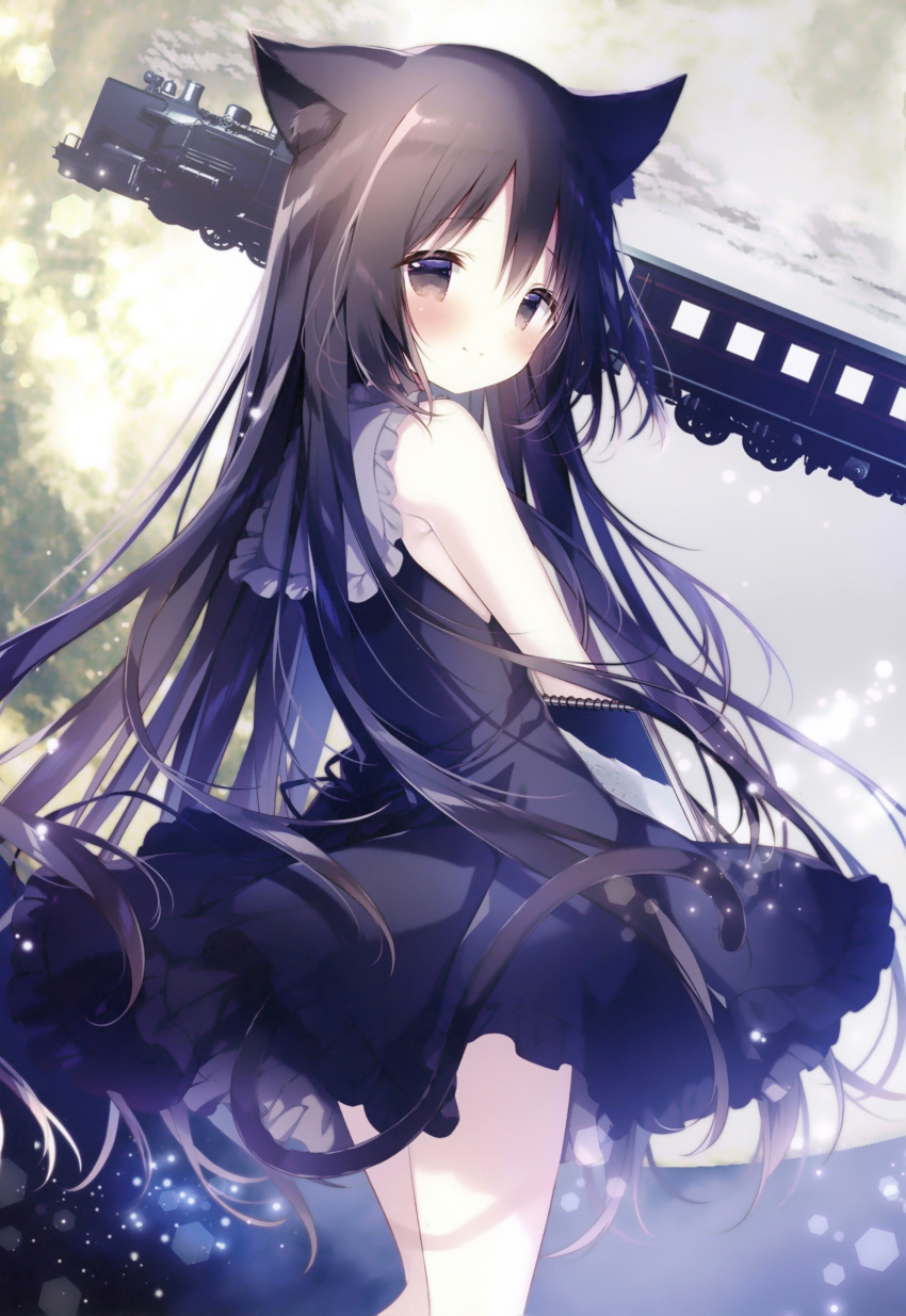 1girl absurdres animal_ear_fluff animal_ears bare_shoulders black_dress black_hair blush brown_eyes cat_ears cat_girl cat_tail closed_mouth dress frilled_dress frills gloves hair_between_eyes highres hoshizora_tetsudou_to_shiro_no_tabi light_particles locomotive long_hair looking_at_viewer looking_back noir_(hoshishiro) non-web_source pleated_dress sailor_collar sailor_dress scan shiratama_(shiratamaco) sleeveless sleeveless_dress smile solo standing steam_locomotive tail train very_long_hair