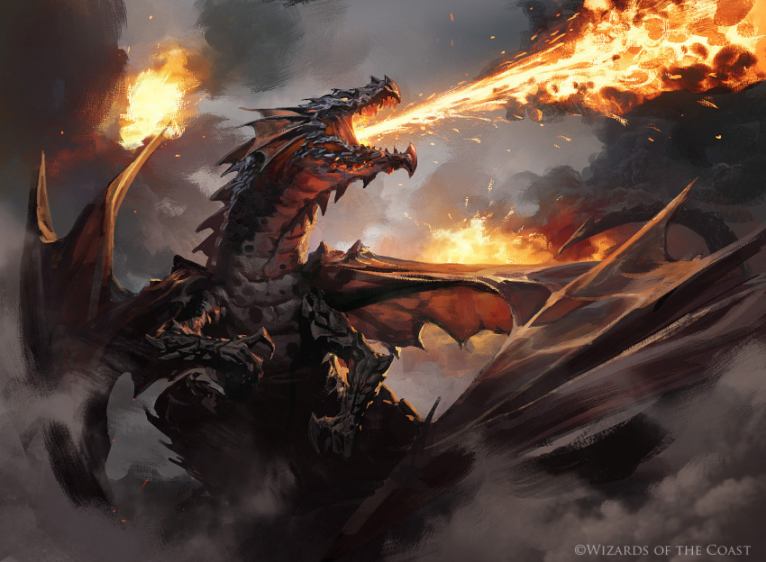 animal_focus breath_weapon breathing_fire claws clouds commentary company_name dragon drakuseth_maw_of_flames english_commentary fantasy fins fire from_side greg_rutkowski grey_sky head_fins magic:_the_gathering monster no_humans official_art open_mouth outdoors painterly sky smoke solo spikes western_dragon wings yellow_eyes