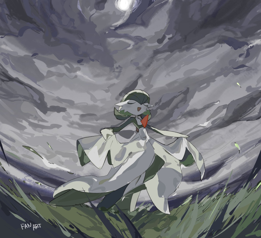 apios bob_cut closed_eyes clouds cloudy_sky colored_skin dress gardevoir gardevoir_day grass green_hair grey_sky highres multicolored_skin open_mouth pokemon pokemon_(creature) skirt_hold sky two-tone_skin white_dress white_skin