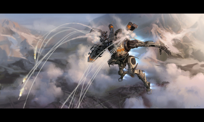 clouds english_commentary flying gun hethe_srodawa holding holding_gun holding_weapon letterboxed looking_down mecha mecha_focus missile_pod mountain no_humans northstar_(titanfall) official_art open_hand pr-01_plasma_railgun robot science_fiction titan_(titanfall) titanfall_(series) titanfall_2 weapon