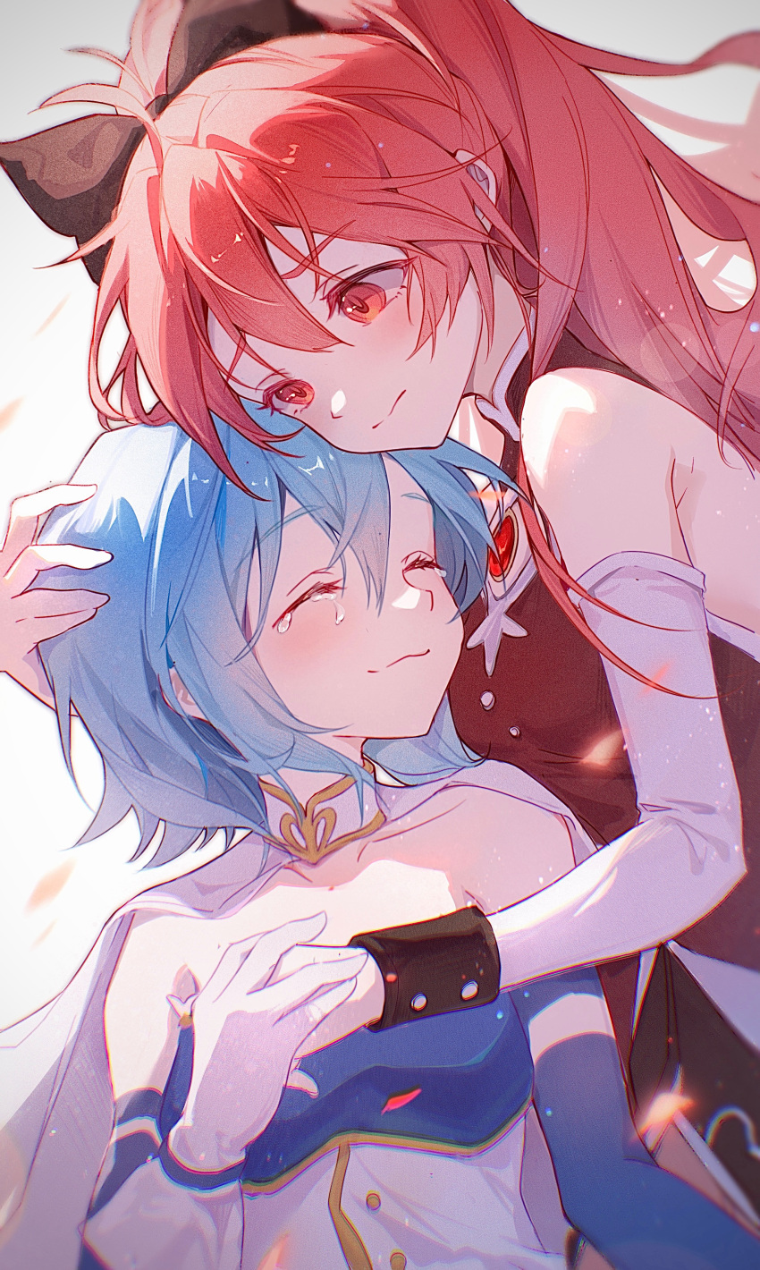 2girls absurdres blue_hair blush capelet closed_eyes closed_mouth cloudyman commentary_request crying gloves hair_between_eyes hair_ribbon happy_tears head_on_chest high_ponytail highres long_hair looking_at_another magical_girl mahou_shoujo_madoka_magica mahou_shoujo_madoka_magica_(anime) miki_sayaka multiple_girls red_eyes redhead ribbon sayaka_(yu_yu_hakusho) short_hair sidelighting smile soul_gem tears upper_body white_background white_capelet white_gloves yuri