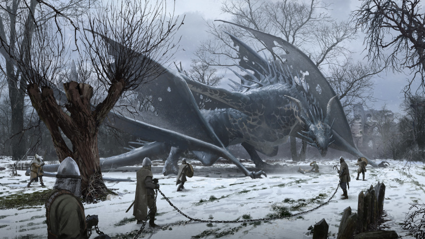 6+boys animal_focus bare_tree broken broken_chain brown_cape cape chain claws clouds cloudy_sky commentary dragon english_commentary fantasy helm helmet highres holding holding_chain holding_shield hook jan_ditlev monster multiple_boys original outdoors realistic ruins scenery shield sky snow torn_wings tree western_dragon wide_shot wings winter wyvern