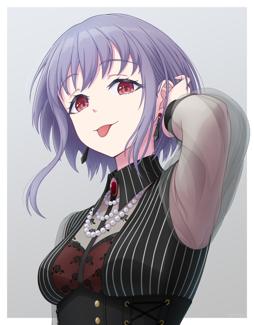 1girl bang_dream! bang_dream!_it's_mygo!!!!! black_corset border breasts closed_mouth commentary_request corset earrings grey_background hand_up highres jewelry long_hair long_sleeves medium_breasts outside_border purple_hair red_eyes see-through see-through_sleeves short_hair sidelocks solo temple_o_dragon tongue tongue_out tucking_hair upper_body white_border yuutenji_nyamu