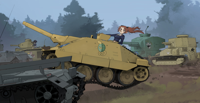 2girls anteater blue_jacket brown_eyes brown_hair char_b1 chips_(food) commentary day dongdong_(0206qwerty) emblem food food_in_mouth forest girls_und_panzer highres jacket kadotani_anzu long_sleeves looking_at_viewer military_vehicle motor_vehicle multiple_girls nature ooarai_(emblem) ooarai_military_uniform outdoors potato_chips sitting sono_midoriko sturmgeschutz_iii tank throat_microphone tiger_(p) turtle twintails type_3_chi-nu type_89_i-gou wind
