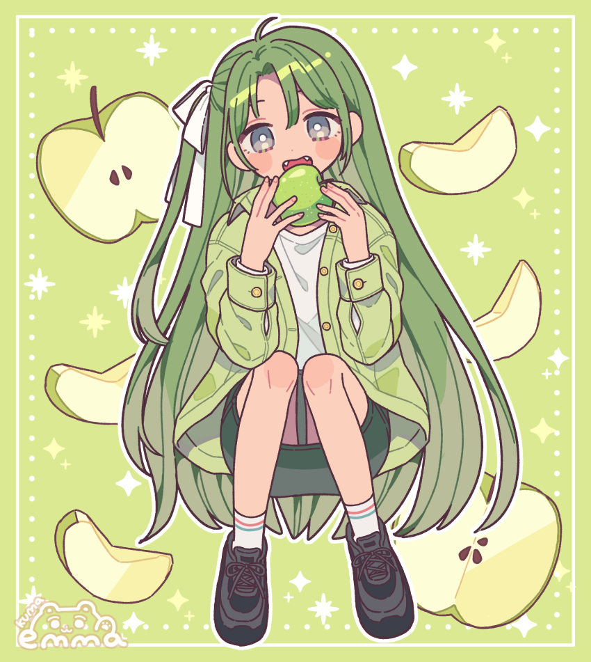 1girl ahoge artist_name blush_stickers buttons emma_(kumaema) fangs fingernails food full_body green_background green_jacket green_theme grey_eyes hair_ribbon hands_up highres holding holding_food inset_border jacket long_hair long_sleeves looking_at_viewer nashi_pear one_side_up open_clothes open_jacket original outline parted_bangs pear_slice pencil_skirt ribbon shirt shoes skirt sneakers socks solo squatting very_long_hair white_outline white_ribbon white_shirt white_socks