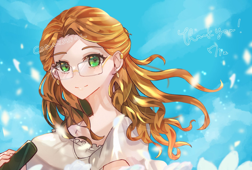 1girl 712_(712_nnn) blouse blue_sky brown_hair closed_mouth commission earrings glasses green_eyes highres indie_virtual_youtuber jewelry long_hair mariel_(vtuber) necklace shirt skeb_commission sky solo thank_you upper_body virtual_youtuber white_shirt
