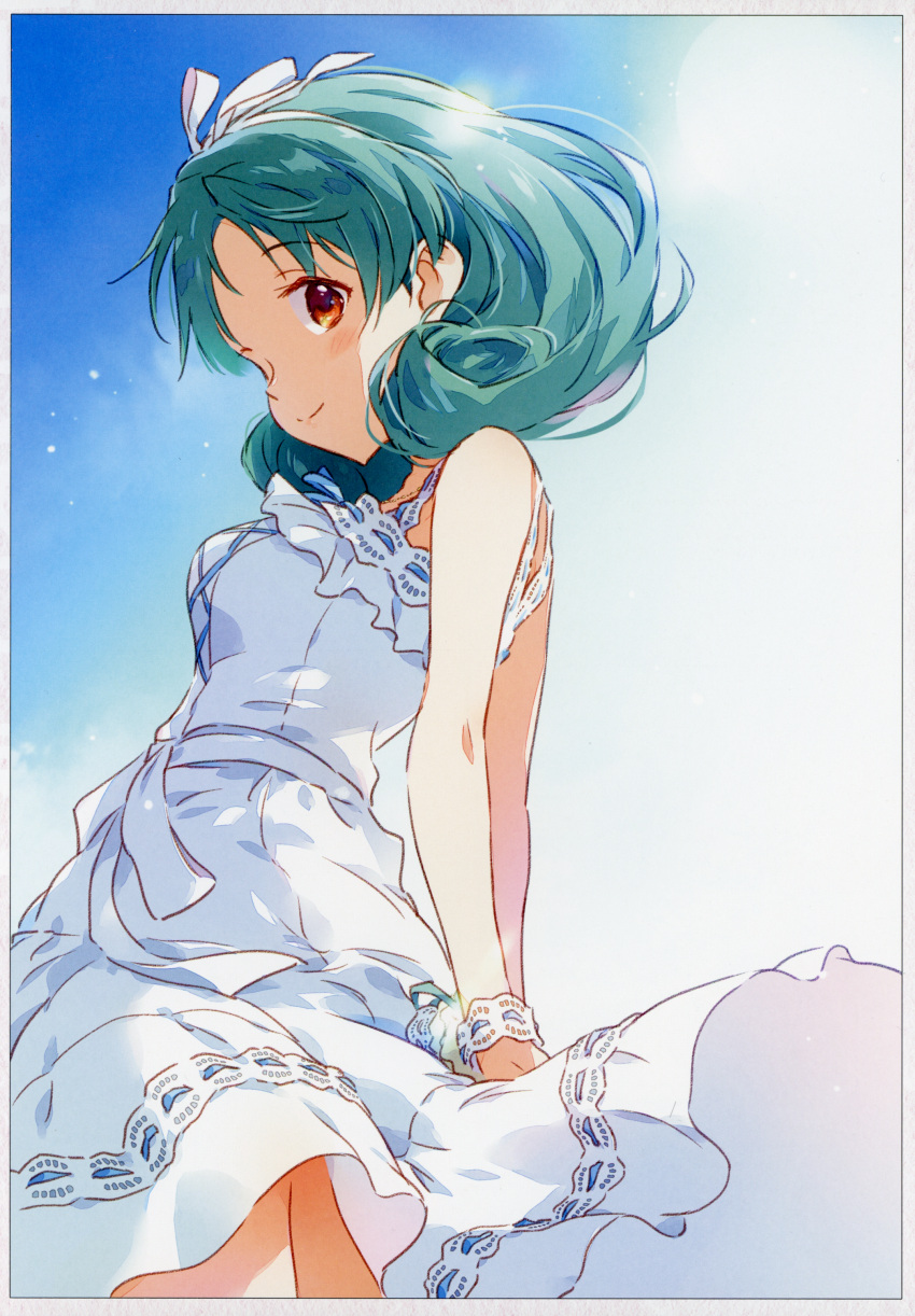 1girl absurdres arms_behind_back asoka bare_arms bare_shoulders blue_sky blush border bracelet breasts brown_eyes closed_mouth cowboy_shot curly_hair day dress frills from_side green_hair hair_ribbon highres idolmaster idolmaster_million_live! jewelry looking_at_viewer medium_breasts medium_hair non-web_source one_eye_closed parted_bangs ribbon scan sky sleeveless sleeveless_dress small_breasts smile solo standing sundress tokugawa_matsuri white_border white_dress white_ribbon