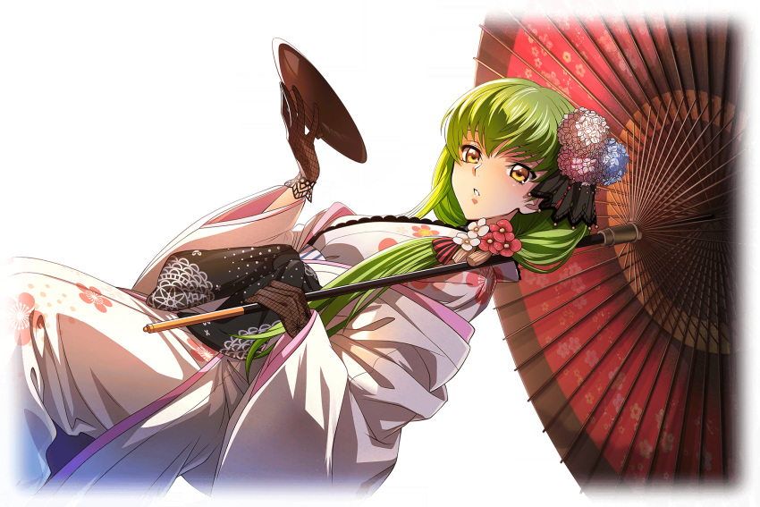 1girl artist_request black_gloves blue_flower c.c. code_geass code_geass:_lost_stories cup dutch_angle fishnet_gloves fishnets floral_print flower game_cg gloves green_hair hair_flower hair_ornament hair_over_shoulder hands_up highres holding holding_cup holding_umbrella japanese_clothes kimono long_hair long_sleeves looking_at_viewer non-web_source obi official_art oil-paper_umbrella parted_lips pink_flower red_flower sakazuki sash simple_background sitting solo tassel teeth transparent_background umbrella white_flower white_kimono wide_sleeves yellow_eyes