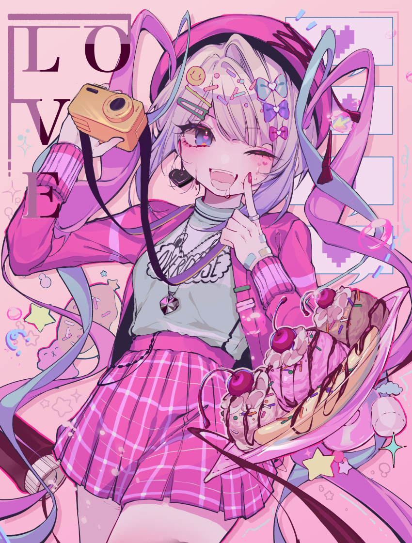 1girl absurdres aqua_bow aqua_hair banana banana_split bandaid bandaid_on_hand blonde_hair blue_eyes blunt_bangs blush bow camera camera_around_neck cardigan cherry chocolate_doughnut chocolate_syrup chouzetsusaikawa_tenshi-chan clothes_writing cream cross-laced_headwear doughnut earrings emoji_hair_ornament english_text fangs finger_to_cheek food fruit gradient_hair green_shirt hair_bow hair_ornament hairclip heart heart-shaped_pupils heart_earrings heart_necklace high-waist_skirt highres holding holding_camera ice_cream index_finger_raised jewelry long_hair long_sleeves looking_at_viewer marshmallow modohwa multicolored_hair nail_polish necklace needy_girl_overdose one_eye_closed open_cardigan open_clothes open_mouth pink_background pink_beanie pink_bow pink_cardigan pink_hair pink_nails pink_pupils pink_skirt plaid plaid_skirt purple_bow purple_hair saliva shirt shirt_tucked_in skirt smile smiley_hair_ornament solo sparkle sprinkles star_(symbol) sweat symbol-shaped_pupils turtleneck twintails v-shaped_eyebrows very_long_hair