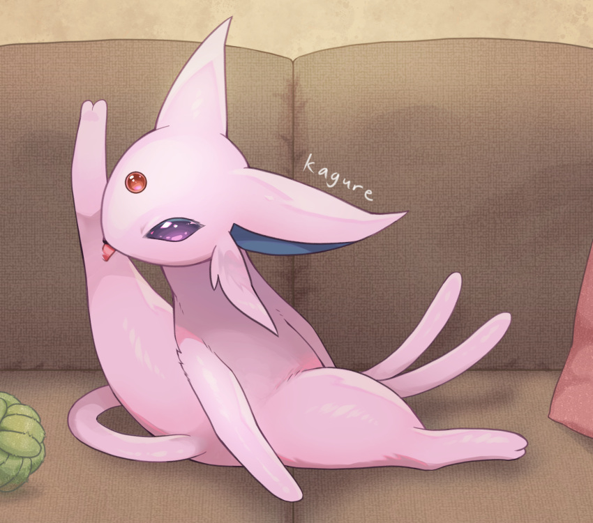 commentary_request couch cushion espeon forehead_jewel forked_tail full_body highres indoors kagure_(karaguren) licking_self no_humans pokemon pokemon_(creature) signature solo tail tongue tongue_out violet_eyes