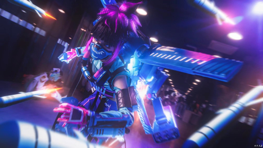 1girl apex_legends armor black_hair blue_shirt breastplate clothing_cutout cosplay_photo di_guan fluorescent_tech_valkyrie gloves highres jetpack looking_ahead mask missile missile_pod mouth_mask multicolored_hair photo_(medium) pink_gloves purple_hair shirt shoulder_cutout smoke solo streaked_hair valkyrie_(apex_legends) violet_eyes
