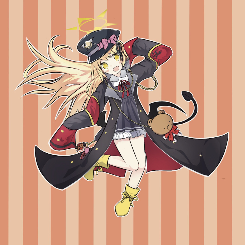 armband black_coat black_tail black_wings blonde_hair blue_archive blush_stickers bow coat demon_tail demon_wings gehenna_academy_logo halo hat highres ibuki_(blue_archive) peaked_cap pink_bow red_armband sleeves_past_fingers sleeves_past_wrists striped_background stuffed_animal stuffed_toy tail teddy_bear vrpr4422 wings yellow_eyes yellow_footwear yellow_halo