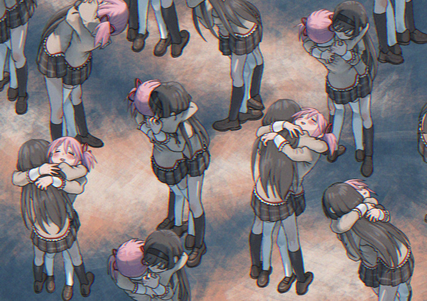 2girls abstract_background akemi_homura black_hairband black_thighhighs blush brown_footwear brown_shirt brown_skirt character_counter_request chromatic_aberration closed_eyes clutching_clothes commentary_request facing_down facing_up furrowed_brow hair_ribbon hairband head_on_another's_shoulder highres hug juliet_sleeves kaname_madoka koze_niire leaning_back loafers long_hair long_sleeves mahou_shoujo_madoka_magica mitakihara_school_uniform multiple_girls mutual_hug open_mouth pink_hair pleated_skirt puffy_sleeves red_ribbon ribbon sad_smile school_uniform shirt shoes short_twintails skirt sleeve_cuffs smile standing tearing_up thigh-highs twintails two_side_up white_thighhighs