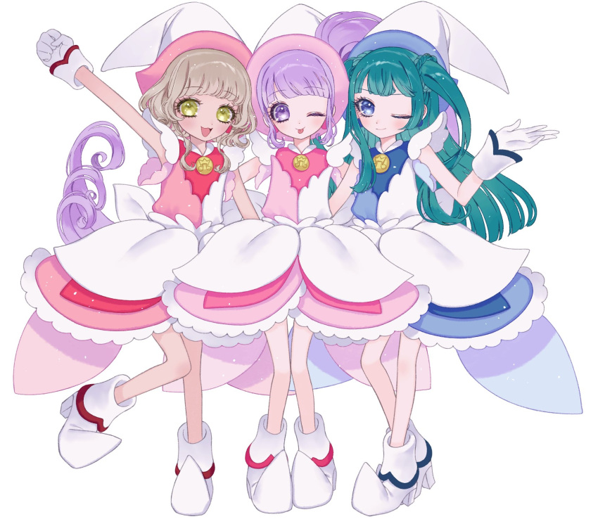 3girls ;p ao_(ao0_0nemu) arm_up bad_id bad_twitter_id blue_eyes blunt_bangs boots brown_hair commentary_request cosplay dark-skinned_female dark_skin dress full_body gloves green_hair hand_up hat highres long_hair looking_at_viewer magical_girl manaka_non multiple_girls ojamajo_doremi one_eye_closed open_mouth outstretched_arm pointy_footwear pointy_hat pretty_series pripara purple_hair short_hair side_ponytail simple_background smile standing taiyo_pepper tongue tongue_out tsukikawa_chili two_side_up very_long_hair violet_eyes white_background white_dress white_gloves white_hat witch_hat yellow_eyes
