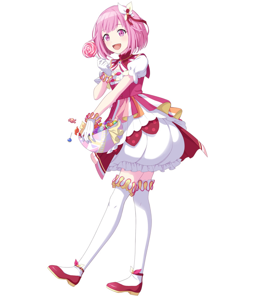 1girl :d bowl bubble_skirt candy food full_body hair_ornament highres holding holding_bowl holding_candy holding_food holding_lollipop lollipop looking_at_viewer non-web_source official_art ootori_emu pink_eyes pink_hair project_sekai red_footwear short_hair short_sleeves skirt smile solo tachi-e thigh-highs transparent_background white_skirt white_thighhighs