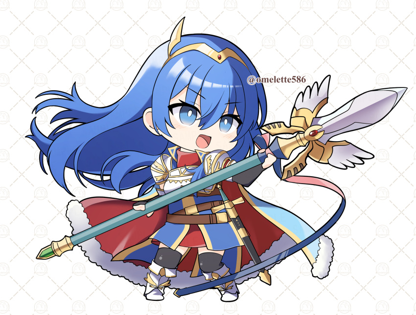 1girl :d armor belt black_gloves black_thighhighs blue_eyes blue_hair breastplate brown_belt caeda_(fire_emblem) caeda_(marth's_faithful)_(fire_emblem) cape chibi chibi_only dress elbow_gloves fingerless_gloves fire_emblem fire_emblem:_mystery_of_the_emblem fire_emblem_heroes full_body gloves hair_between_eyes highres holding holding_polearm holding_weapon komurice long_hair official_alternate_costume open_mouth polearm sheath sheathed short_sleeves shoulder_armor smile solo sword thigh-highs tiara twitter_username very_long_hair weapon white_footwear