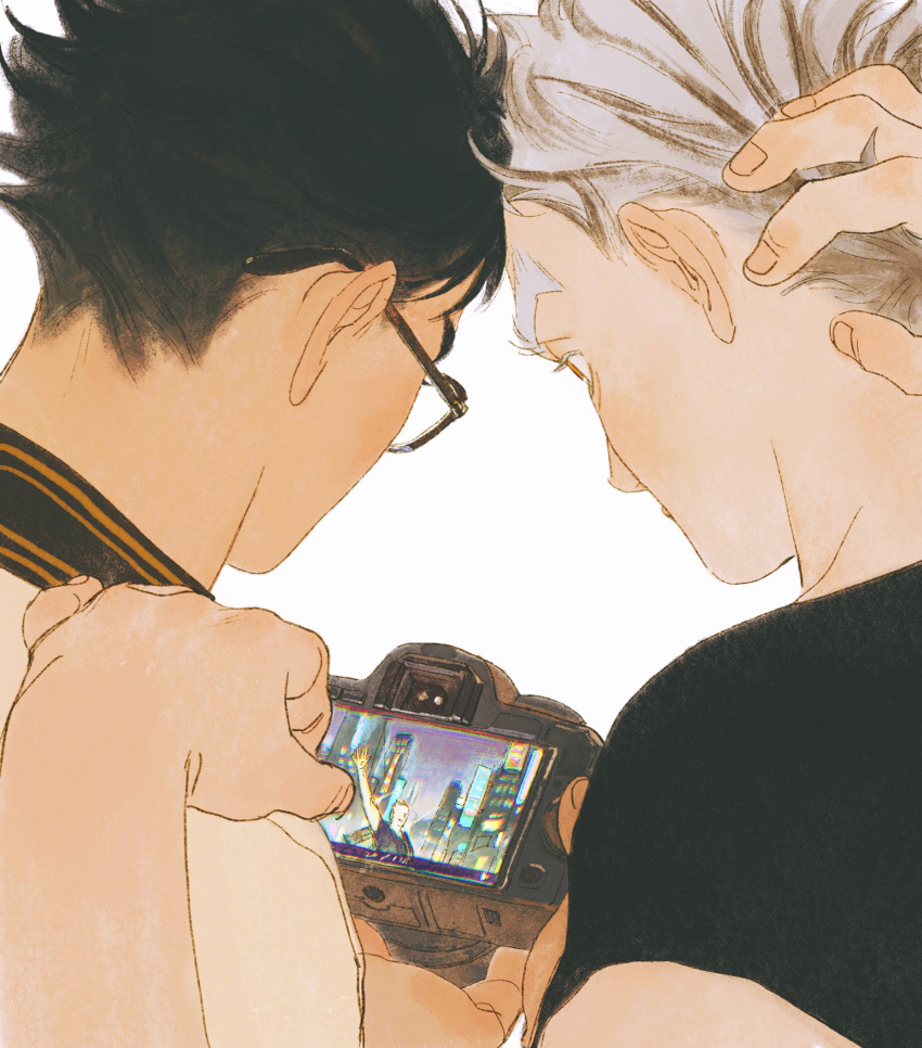 2boys akaashi_keiji arm_behind_head black_hair black_shirt bokuto_koutarou chengongzi123 commentary facing_away facing_object glasses grey_hair haikyuu!! hand_on_another's_shoulder highres looking_at_object male_focus multicolored_hair multiple_boys shirt short_hair short_sleeves simple_background streaked_hair symbol-only_commentary thick_eyebrows upper_body very_short_hair white_background