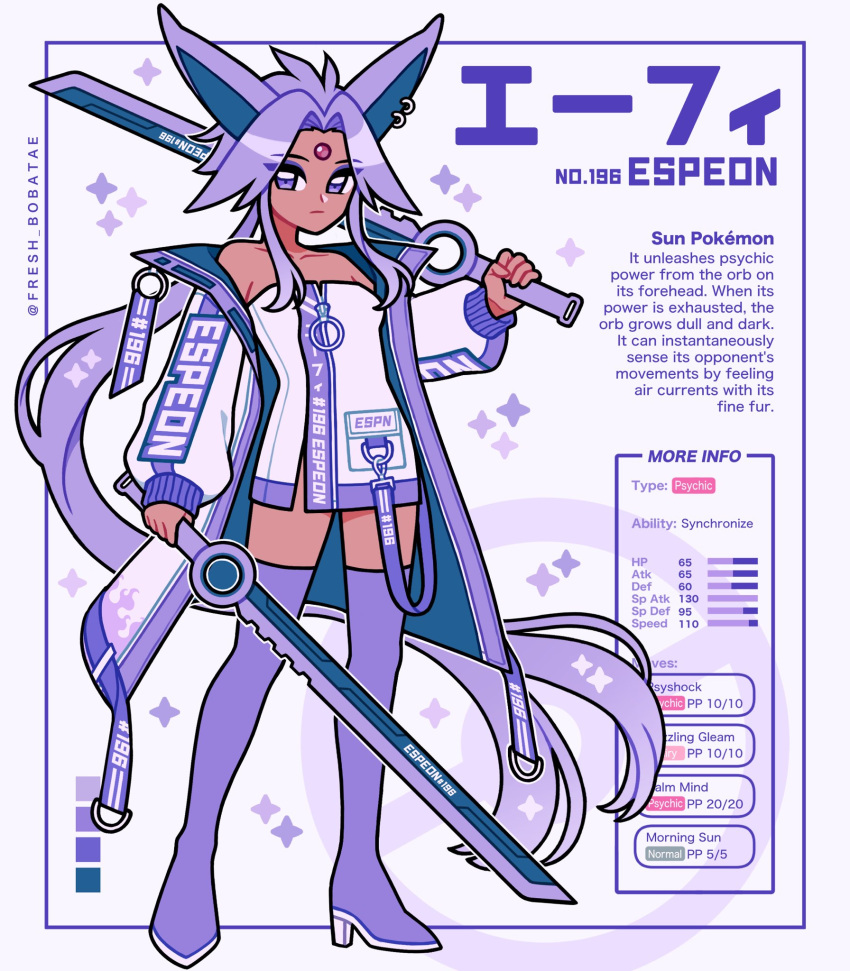 1girl bare_shoulders boots color_guide dark_skin dress emily_kim english_text espeon forehead_jewel gem highres holding holding_sword holding_weapon humanization jacket open_clothes open_jacket pokemon ponytail purple_dress purple_hair purple_jacket purple_theme red_gemstone simple_background sleeveless sleeveless_dress sparkle stats sword thigh_boots twitter_username violet_eyes weapon