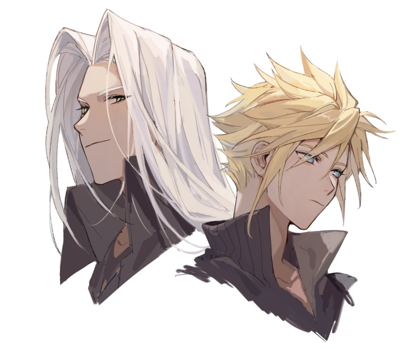 2boys black_coat blonde_hair blue_eyes chest_strap closed_mouth cloud_strife coat final_fantasy final_fantasy_vii final_fantasy_vii_advent_children green_eyes green_pupils grey_hair high_collar highres jacket long_bangs long_hair male_focus multiple_boys parted_bangs portrait sephiroth short_hair slit_pupils smirk spiky_hair white_background xiluo0207