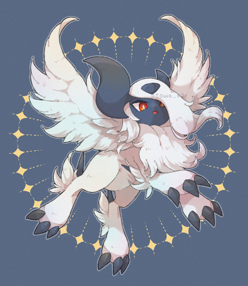 absol artist_name blue_background claws feathered_wings full_body highres horns looking_at_viewer mega_absol mega_pokemon no_humans open_mouth pokemon red_eyes simple_background smile solo towa_(clonea) white_hair white_wings wings