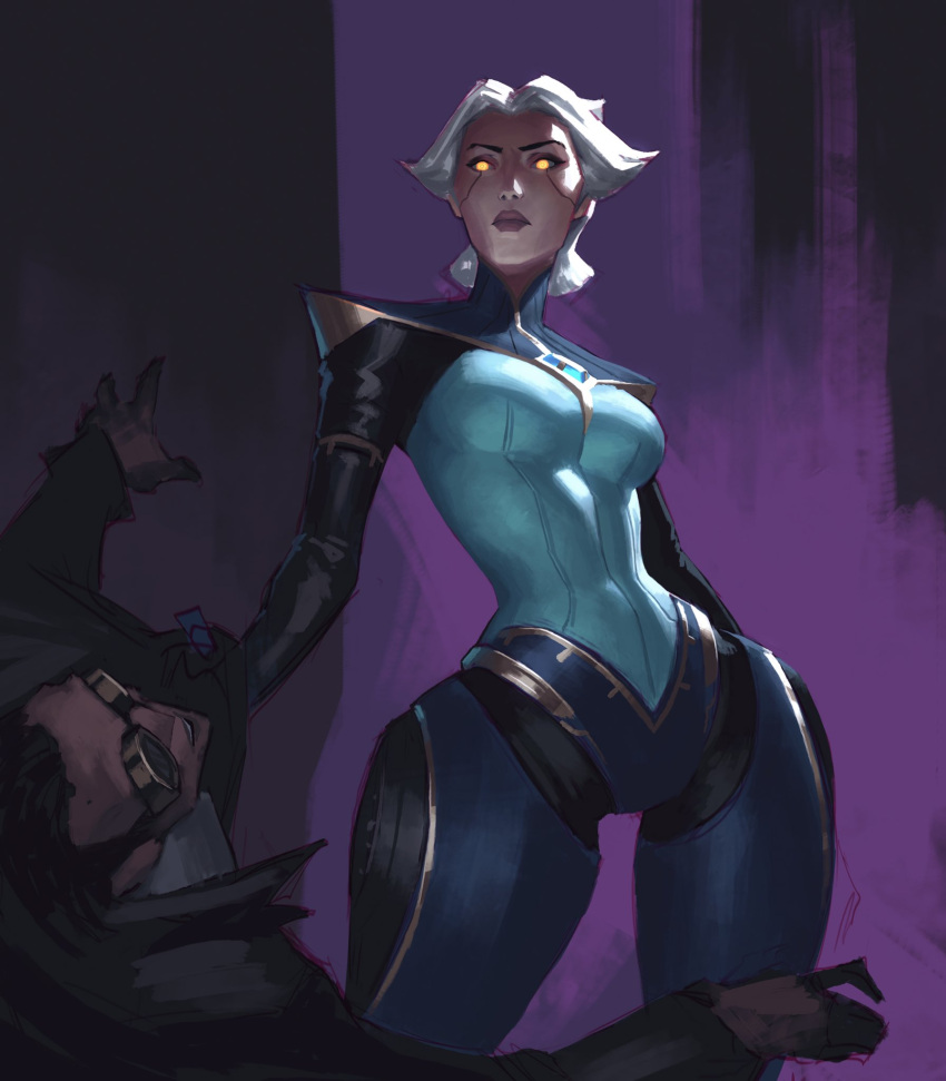 1boy 1girl camille_(league_of_legends) collar_grab cyborg feet_out_of_frame glowing glowing_eyes goggles highres jeremy_anninos league_of_legends lips prosthesis prosthetic_leg purple_background purple_lips shirt_grab short_hair simple_background solo_focus standing white_hair yellow_eyes