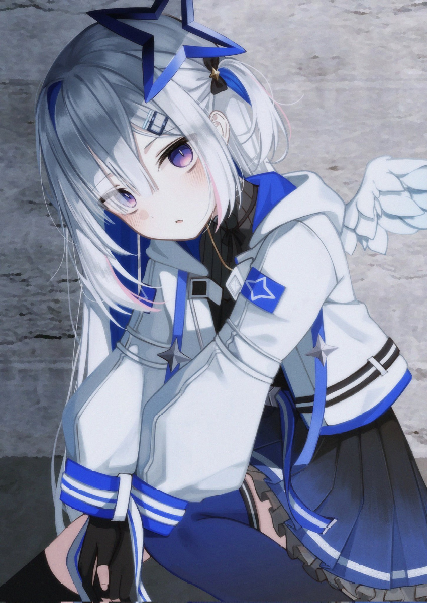 1girl amane_kanata angel_wings asymmetrical_legwear black_gloves black_shirt blue_hair blue_skirt blue_thighhighs blush colored_inner_hair fingerless_gloves gloves grey_hair hair_ornament hairclip highres hololive jacket karou_(lhscck302) long_hair looking_at_viewer mismatched_legwear multicolored_hair one_side_up open_mouth petticoat pleated_skirt shirt skirt slit_pupils solo thigh-highs uneven_legwear very_long_hair violet_eyes virtual_youtuber white_jacket white_wings wings