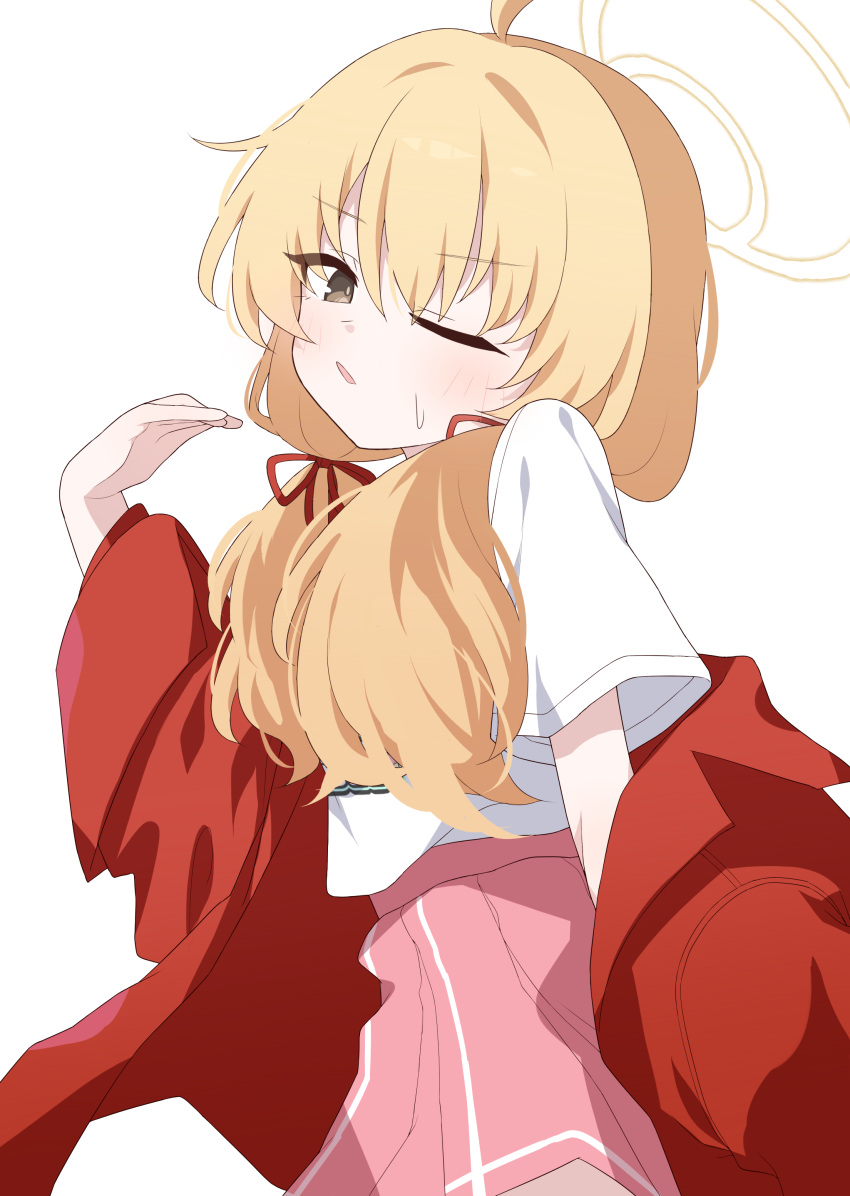 1girl absurdres ahoge blonde_hair blue_archive brown_eyes collared_jacket commentary_request fluffy_hair from_side hagoonha hair_over_shoulder hair_ribbon halo hand_up head_tilt highres jacket long_hair low_twintails off_shoulder one_eye_closed open_mouth parted_bangs parted_lips pink_skirt plaid plaid_skirt pleated_skirt pleated_sleeves red_jacket red_ribbon ribbon shirt short_sleeves sidelocks simple_background skirt solo sweat sweatdrop swept_bangs twintails white_background white_shirt wide_sleeves yellow_halo yoshimi_(blue_archive)