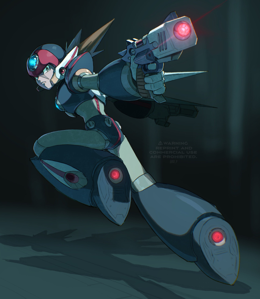 absurdres android armor axl_(mega_man) black_armor black_footwear black_helmet boots brown_hair cross_scar dual_wielding finger_on_trigger from_behind full_body gun highres holding holding_gun holding_weapon looking_at_viewer looking_back medium_hair mega_man_(series) mega_man_x_(series) red_helmet scar scar_on_face shoulder_armor spiky_hair tanaka_(is2_p) thrusters weapon