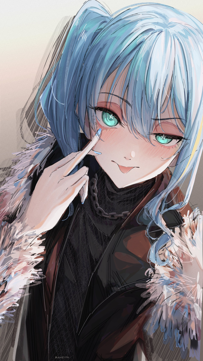 1girl absurdres bibideba_(hololive) blue_eyes blue_hair blue_nails blush chain_necklace eyelid_pull gradient_background highres hololive hoshimachi_suisei jewelry leukocytek looking_at_viewer necklace side_ponytail solo star-shaped_pupils star_(symbol) symbol-shaped_pupils tongue tongue_out virtual_youtuber white_background