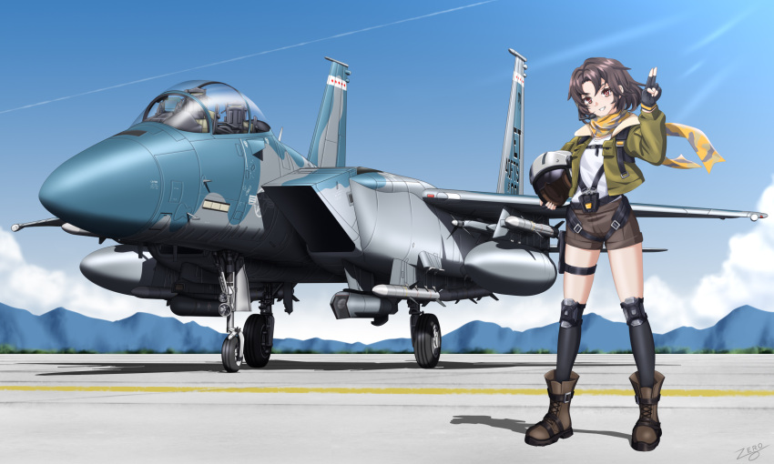 aircraft airplane brown_hair brown_shorts commission day earhart_(neural_cloud) english_commentary f-15_eagle fighter_jet full_body girls'_frontline_neural_cloud girls_frontline green_jacket helmet highres holding holding_helmet jacket jet knee_pads looking_at_viewer military_vehicle open_clothes open_mouth outdoors pilot_helmet pixiv_commission red_eyes scarf short_hair shorts standing teeth zero_(73ro)