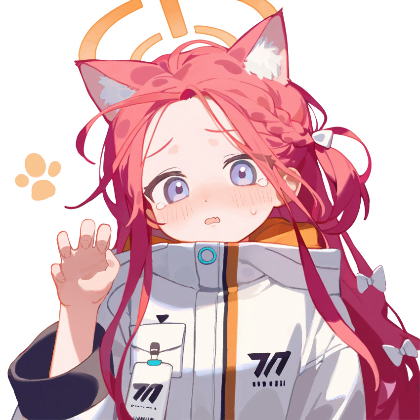 1girl absurdres animal_ear_fluff animal_ears blue_archive blush bow cat_ears extra_ears hair_bow halo highres jacket long_hair long_sleeves looking_at_viewer open_mouth orange_halo redhead simple_background solo tears violet_eyes white_background white_bow white_jacket xsan yuzu_(blue_archive)