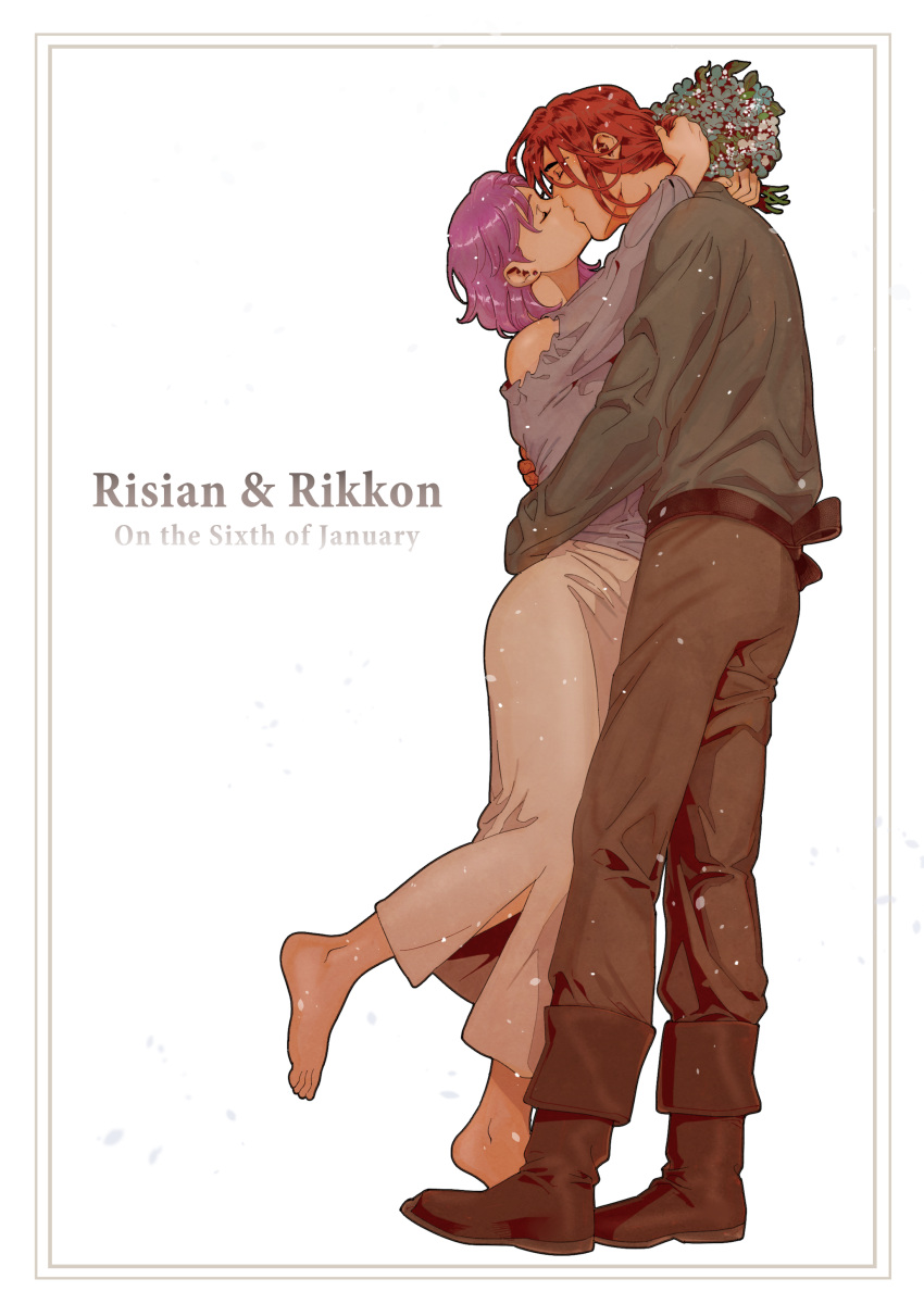 1boy 1girl 5altybitter5 absurdres arms_around_neck barefoot belt bouquet brown_belt brown_footwear brown_pants character_name closed_eyes clothing_cutout flower grey_shirt highres holding holding_bouquet holding_flower kiss long_sleeves medium_hair original pants profile purple_hair redhead rikkon_berchtes risian_carter shirt shoulder_cutout simple_background standing standing_on_one_leg white_background